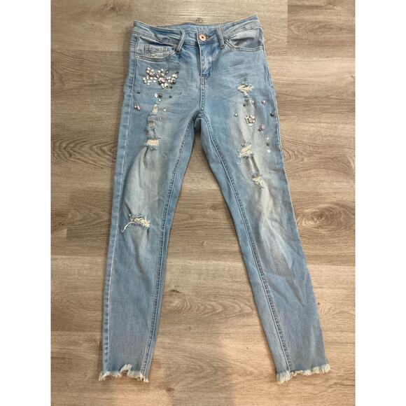 Vanilla Star Mid Rise Skinny Jeans Blue Size 27 Embellished Ripped Juniors‎ - Picture 6 of 11